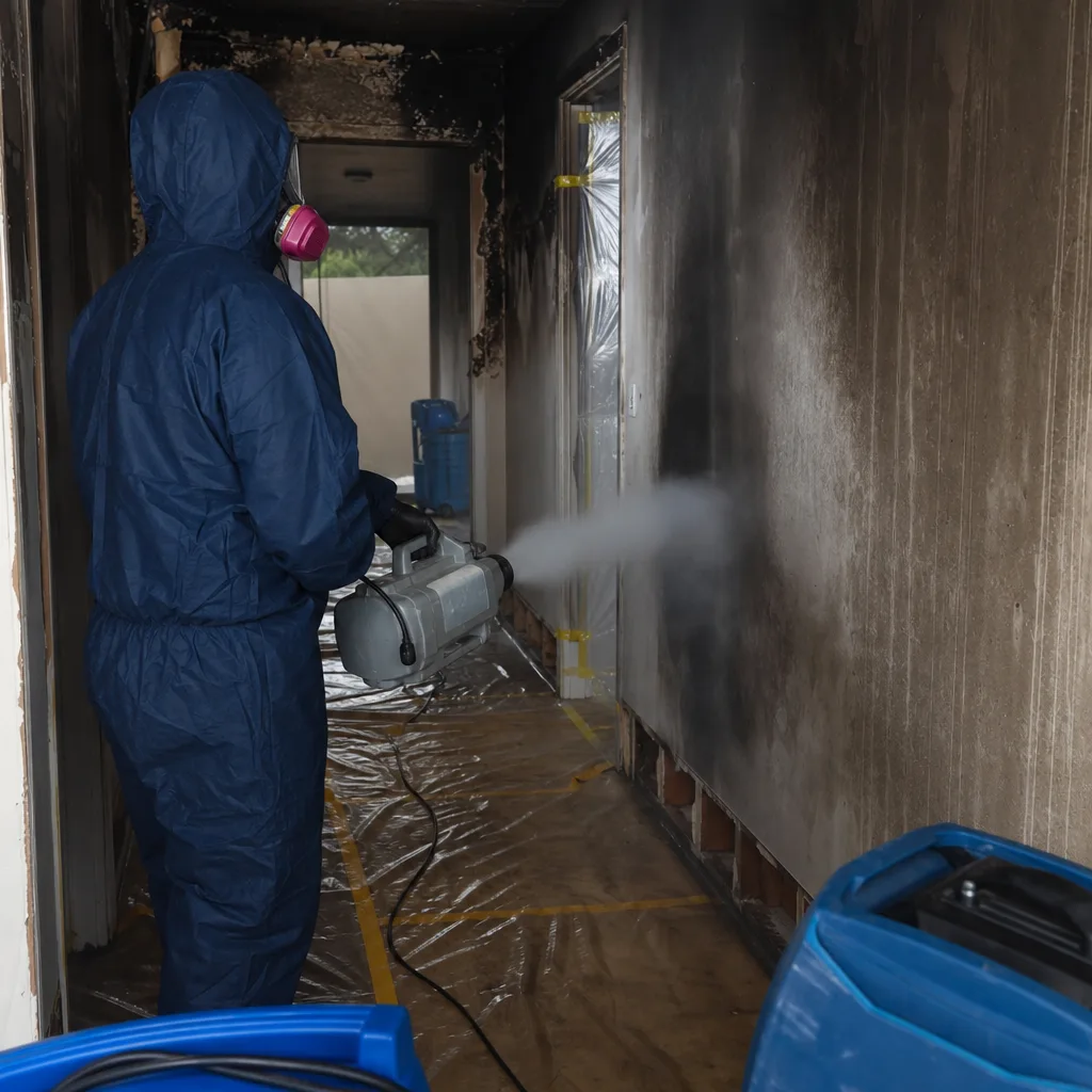 Technician using professional fogging equipment for smoke damage restoration