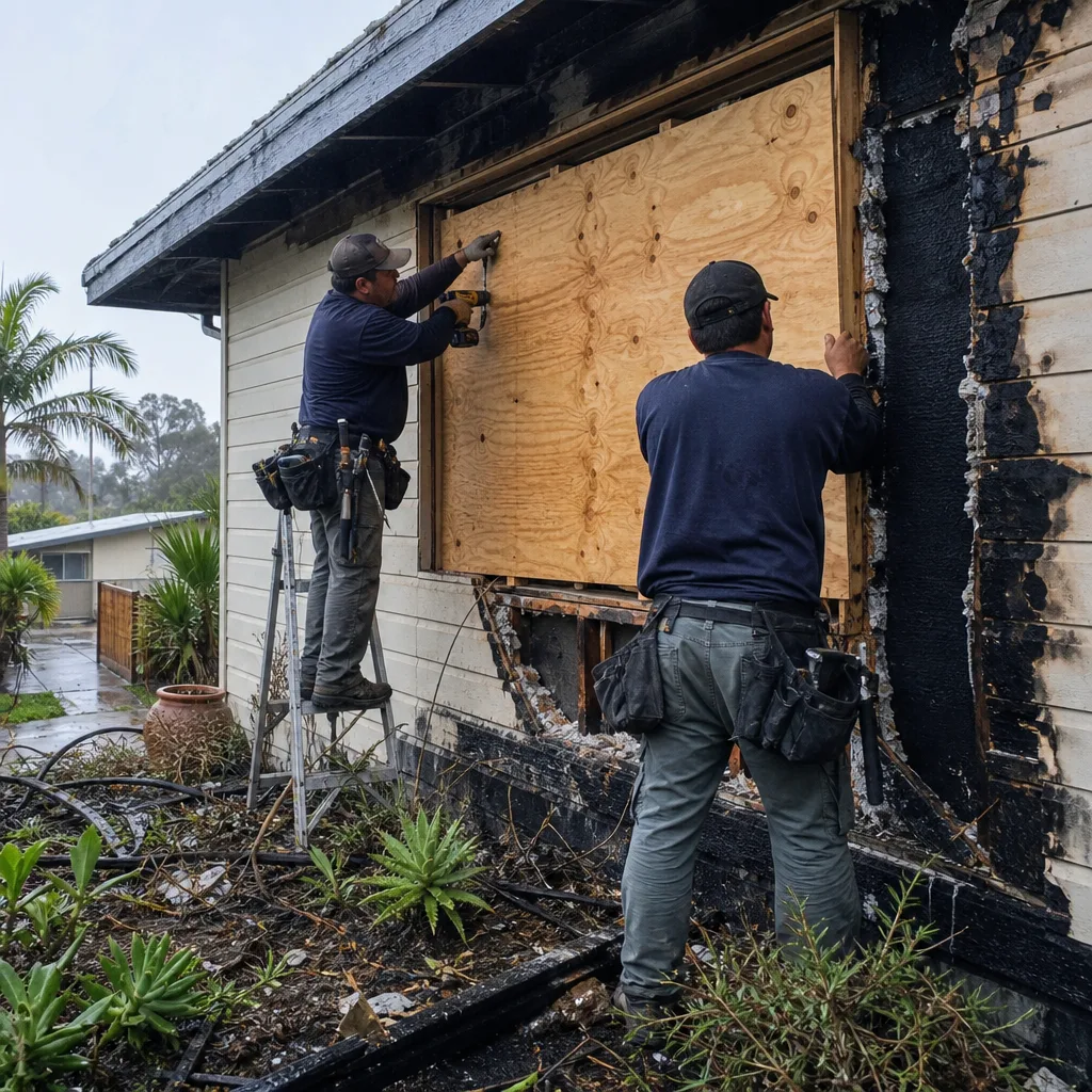 Technicians performing fire and smoke damage restoration on a residential home