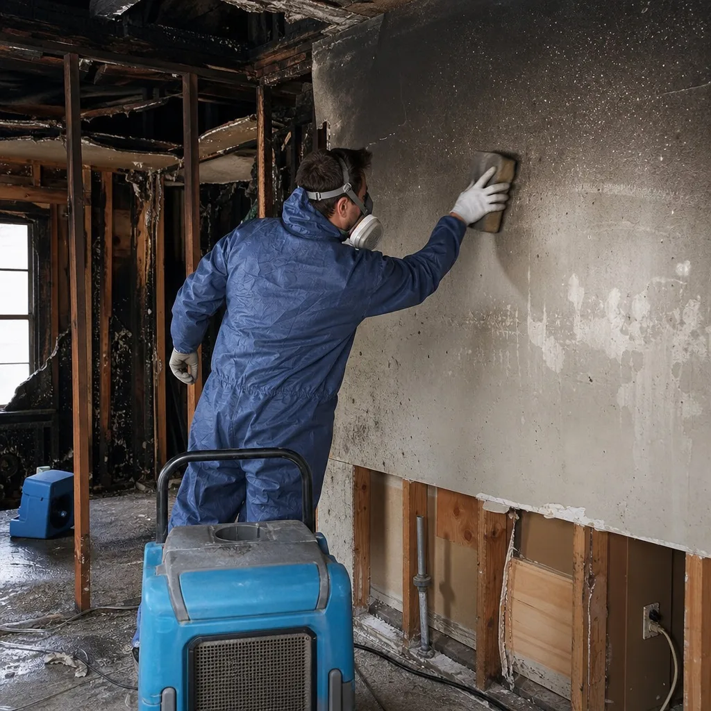 Technician cleaning fire and smoke damage on a residential wall
