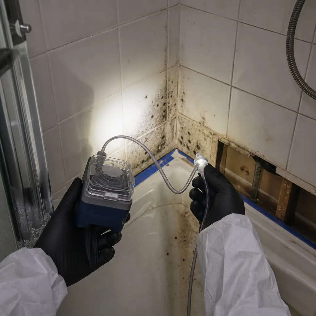 Professional performing mold air quality testing in a bathroom