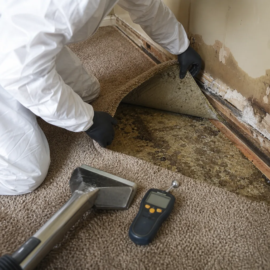 Technician in protective suit inspecting water damaged carpet and subfloor