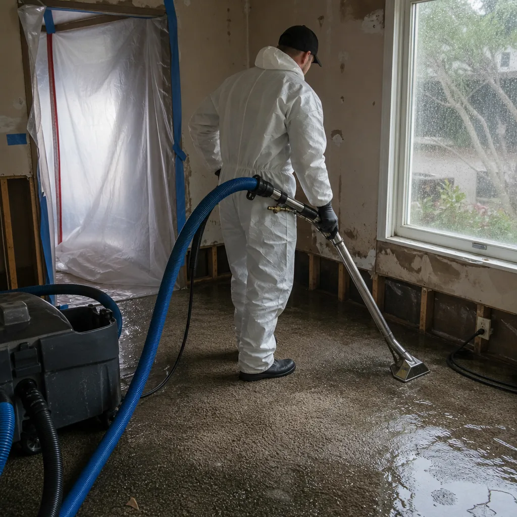Technician in hazmat suit performing professional water damage restoration on flooded floor